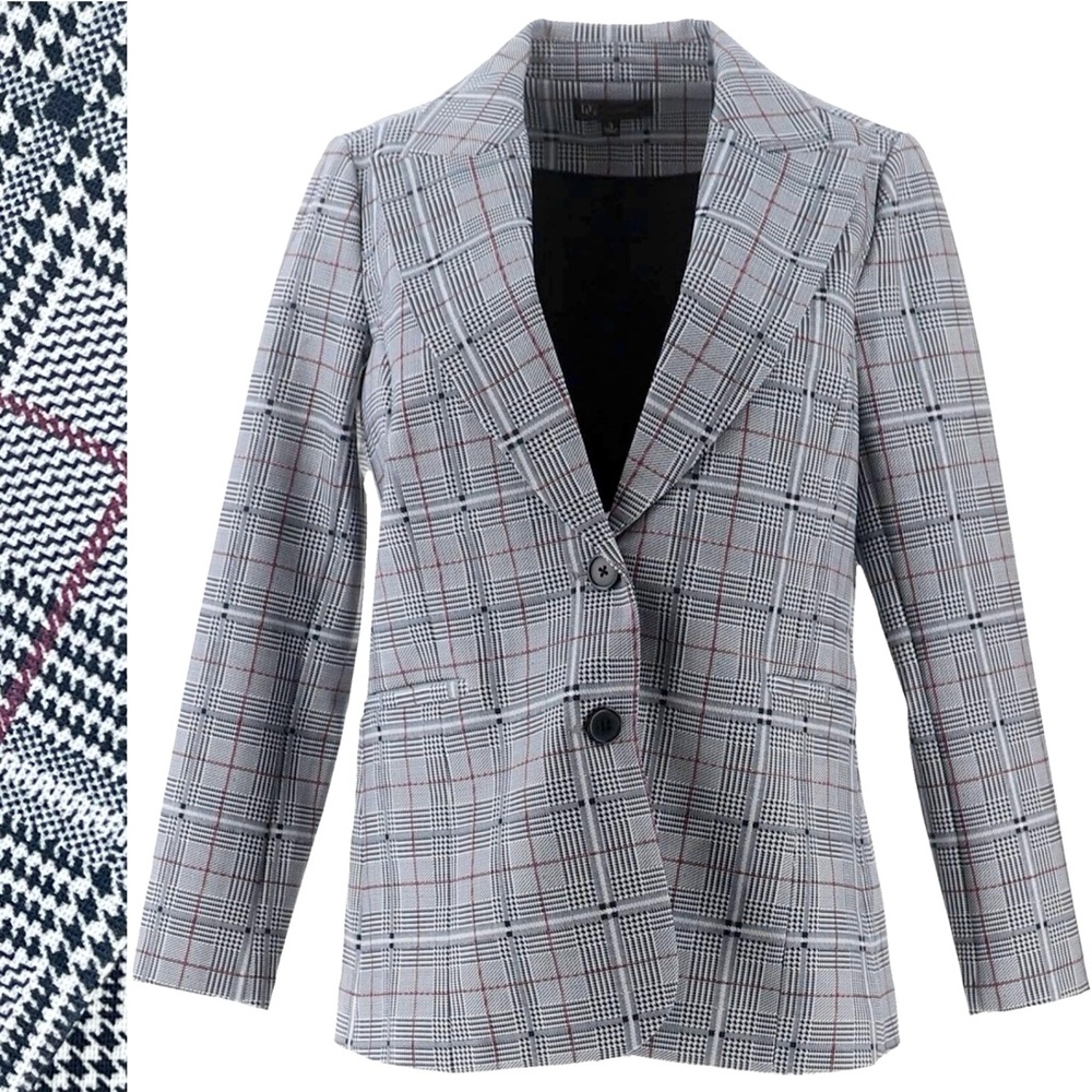 DG2 by Diane Gilman Glen Ponte Plaid Knit Blazer Long Sleeve Notch Lapel…